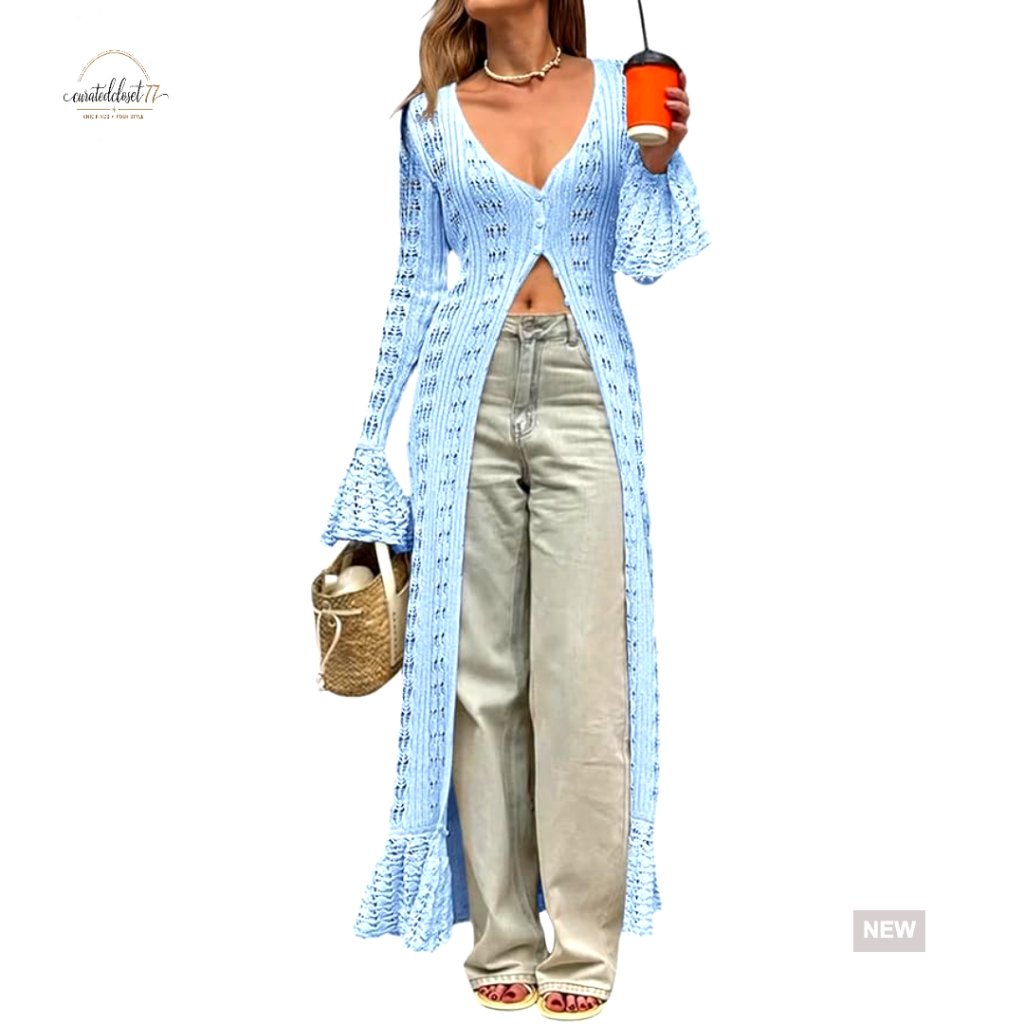 Lightweight Crochet Cardigan Long Sleeve V-Neck Button Up Boho Beach Coverup